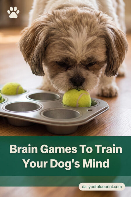 shih Tzu puppy using its nose to solve a muffin tin puzzle toy, illustrating DIY brain games and mental stimulation for dogs.