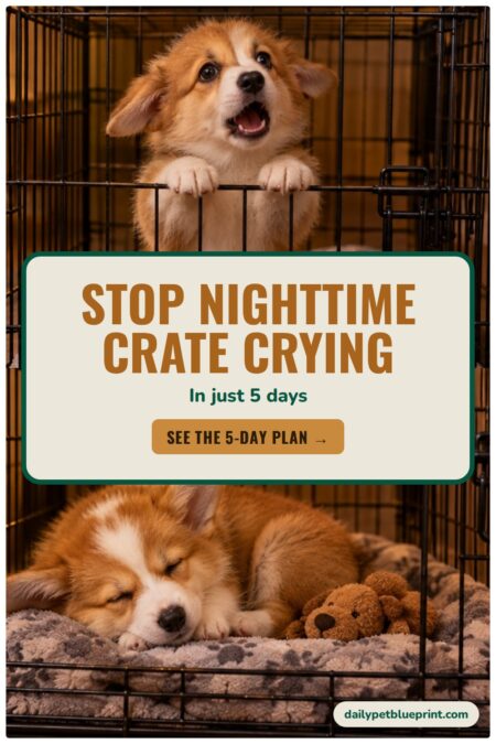 Corgi puppy whining with its paws on a wire crate door at night, then the same puppy curled up asleep in the crate with a toy, with the words Stop Nighttime Crate Crying in just 5 days