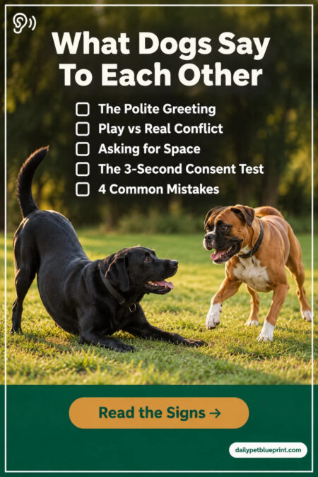 Black Labrador and a Boxer playing on grass, with the Labrador in a play bow, beside white text listing dog body language with other dogs: polite greeting, play vs real conflict, asking for space, the 3-second consent test and common mistakes.