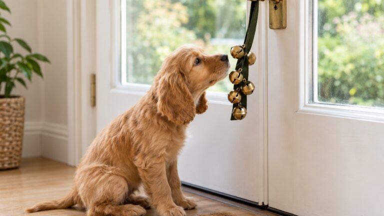 A golden Cocker Spaniel puppy sitting at a glass back door and sniffing a strap of brass potty bells hanging from the handle