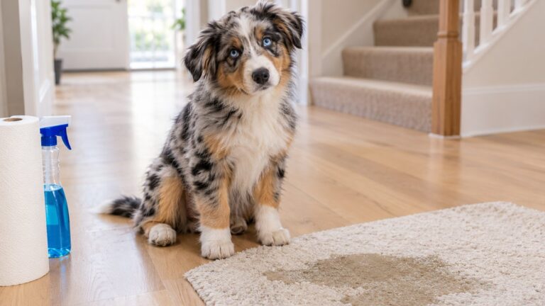 A blue merle Australian Shepherd puppy sitting on a wooden floor beside a puddle on a cream rug, with kitchen roll and a spray bottle nearby