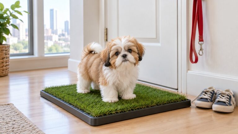 A Shih Tzu puppy standing on an artificial grass potty patch by the front door of a bright apartment, with a red leash hanging on the wall and a city view through the window