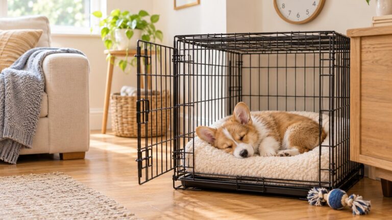A Pembroke Welsh Corgi puppy asleep on a cream fleece bed inside an open black wire crate in a sunny living room, with a rope toy beside the crate