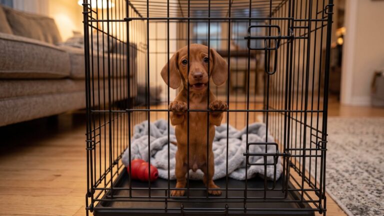 A red Dachshund puppy standing up with its front paws on the door of a wire crate in a lamp-lit living room, with a grey blanket and red chew toy behind