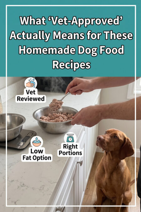 An owner's hands portioning cooked ground turkey into a bowl on a kitchen scale, a Vizsla sitting attentively on the floor beside the counter.
