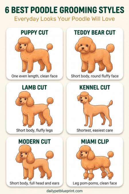 Illustrated chart of the 6 best Poodle grooming styles on an apricot Poodle: puppy cut with a clean face, teddy bear cut with a round fluffy face, lamb cut with fluffy legs, short kennel cut, modern cut with a big topknot and long ears, and Miami clip with pom-pom bracelets on the legs.
