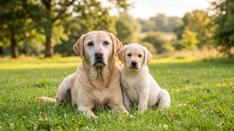 Senior Labrador Retriever with a grey muzzle looking directly at camera, illustrating a dog age calculator converting dog years to human years.
