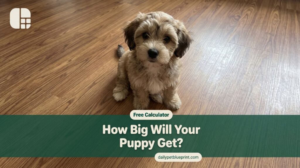 A Havanese puppy sitting on a wood floor, looking up curiously with oversized paws visible.