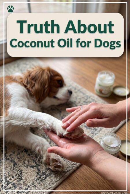 A hand gently rubbing coconut oil into a dog's paw pad, a small jar of coconut oil resting nearby.