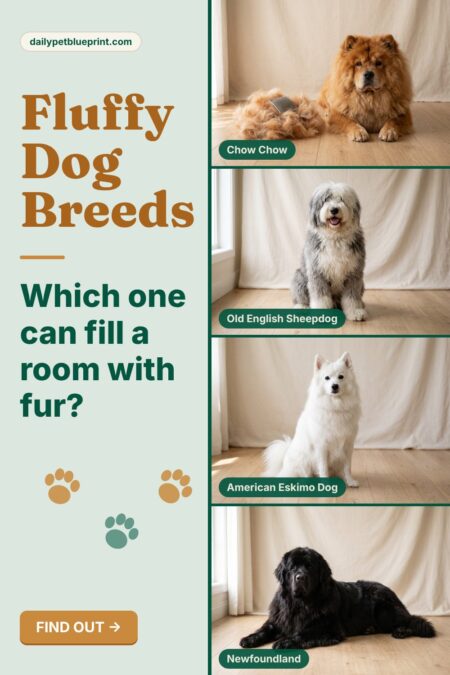 A red Chow Chow lying beside a pile of brushed-out fur, an Old English Sheepdog, a white American Eskimo Dog and a black Newfoundland stacked beside the words Fluffy Dog Breeds: Which one can fill a room with fur?