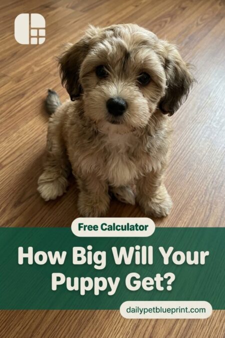 A fluffy tan and white doodle-type puppy sitting on a wooden floor looking up at the camera, with the words Free Calculator: How Big Will Your Puppy Get?