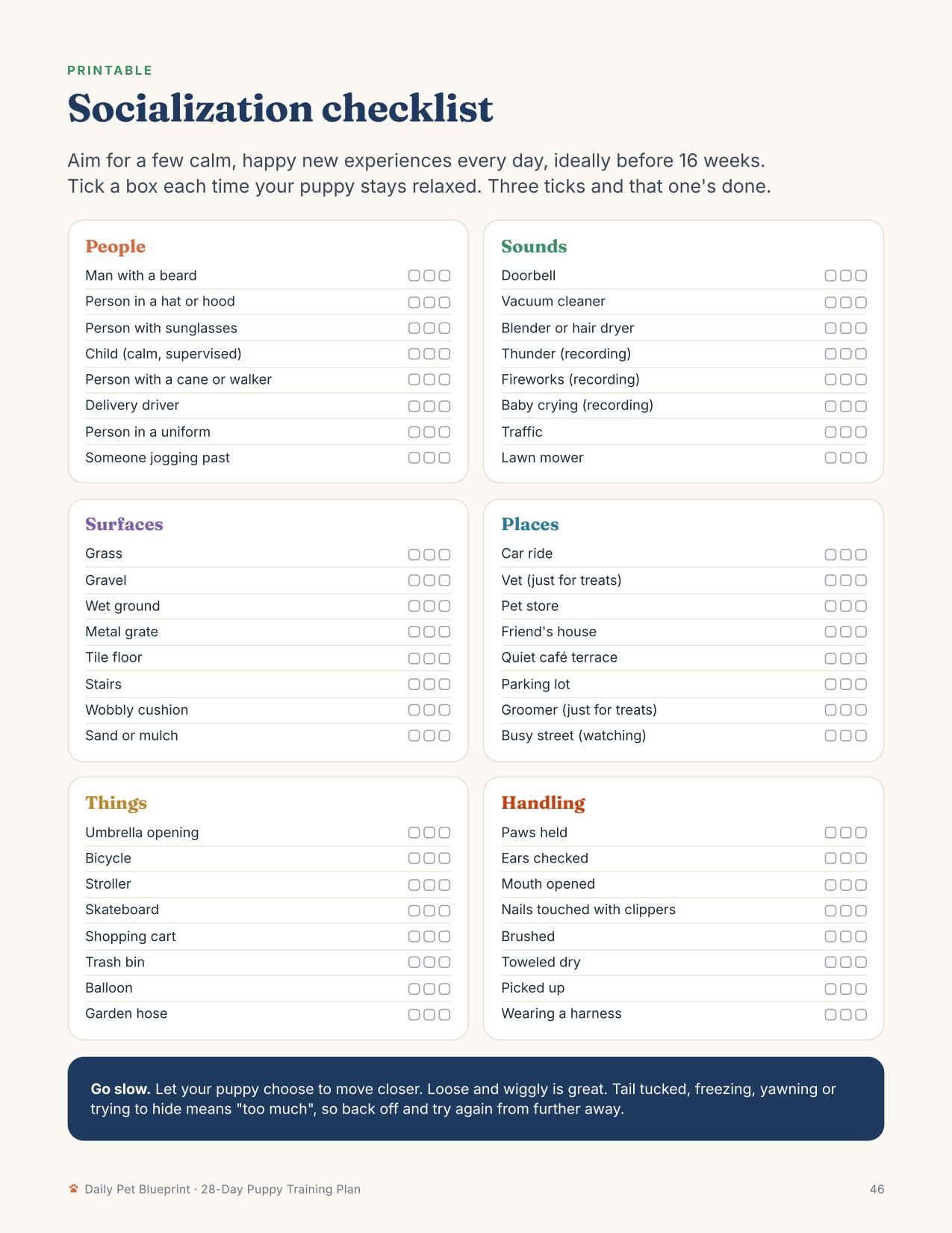 The printable puppy socialization checklist with 48 new experiences