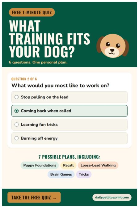 Free 1-minute dog training quiz pin with a cartoon dog, a sample question card with answer options, and five of the seven possible training plans.