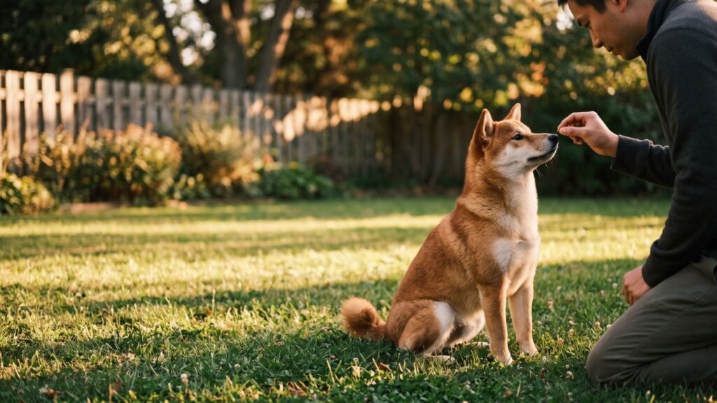 A red Shiba Inu outdoors with its owner during a training session, for the dog training by age checker
