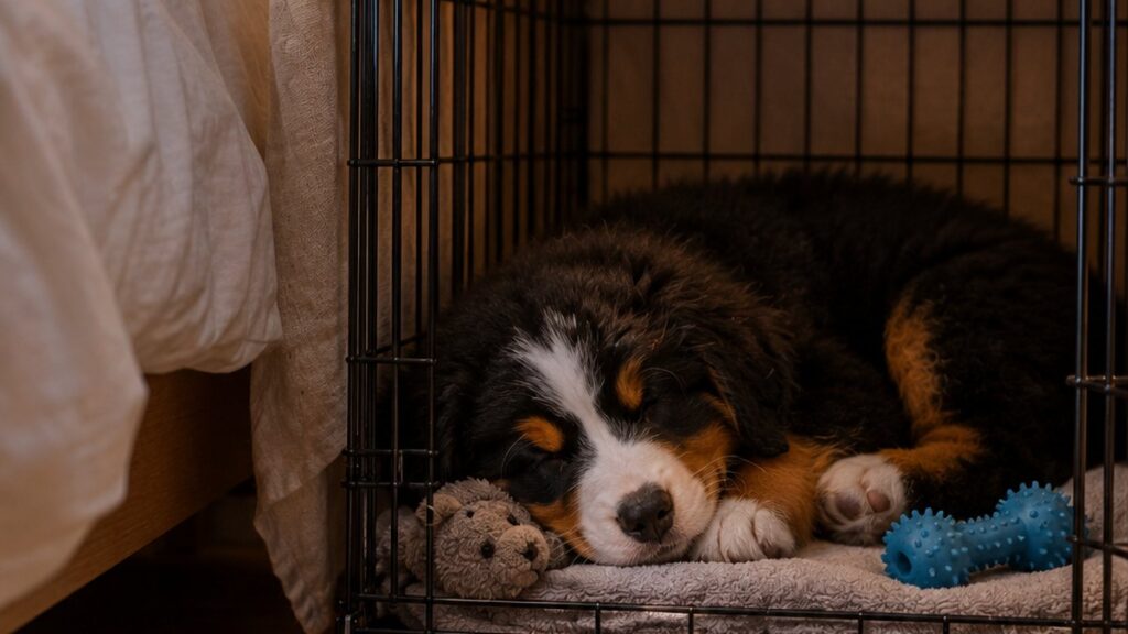 A Bernese Mountain Dog puppy asleep in a wire crate beside a bed at night, under a bedtime timeline titled First Night With a Puppy: Crate Setup and Bedtime Timeline