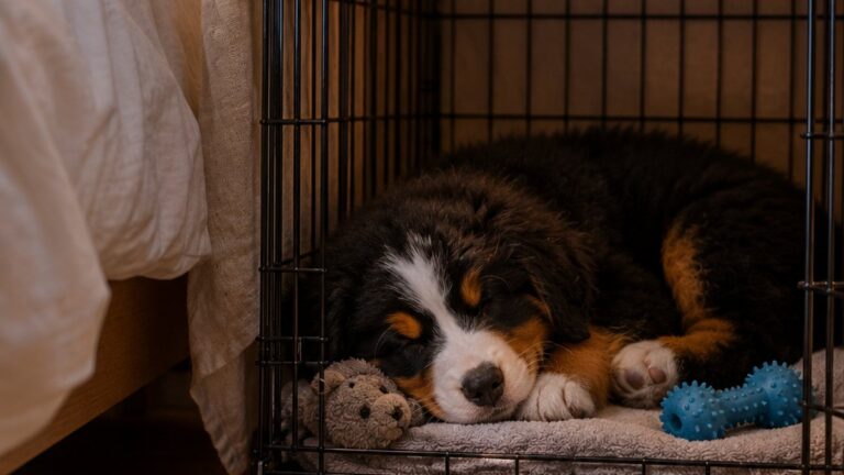 A Bernese Mountain Dog puppy asleep in a wire crate beside a bed at night, under a bedtime timeline titled First Night With a Puppy: Crate Setup and Bedtime Timeline
