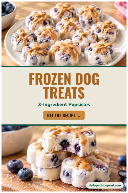 Silicone paw print molds filled with frozen dog treats made from Greek yogurt, with text overlay reading: Frozen Dog Treats 3-Ingredient Pupsicles.