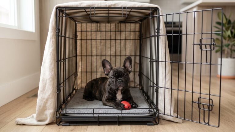 A brindle French Bulldog puppy resting on a grey mat inside a wire crate with the door open and a blanket over the top, holding a red rubber chew toy in a bright kitchen