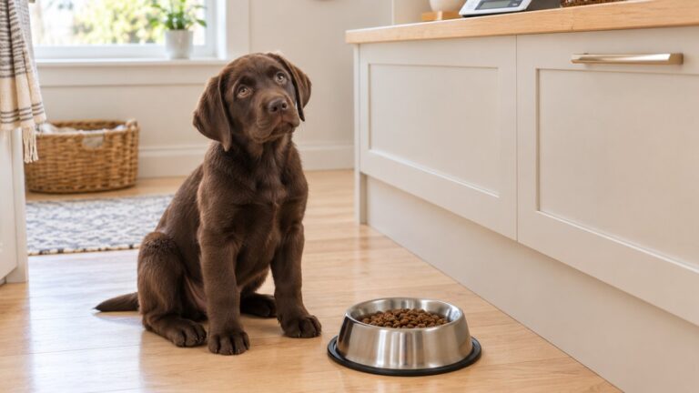 A chocolate Labrador puppy sitting on a wooden kitchen floor beside a stainless steel bowl of kibble, looking up and waiting for permission to eat