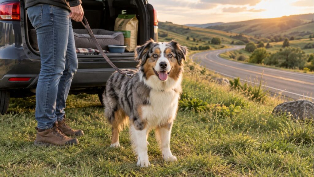 An Australian Shepherd on a leash standing on grass beside an SUV with its hatch open and a dog bed, water bowl and food packed inside, at a roadside stop on a road trip