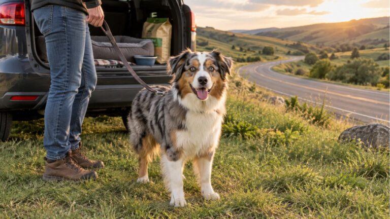 An Australian Shepherd on a leash standing on grass beside an SUV with its hatch open and a dog bed, water bowl and food packed inside, at a roadside stop on a road trip