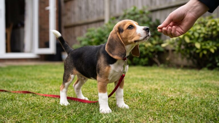 A tricolor Beagle puppy standing on a back garden lawn on a red lead, looking up at a hand holding out a treat, with the back door open behind