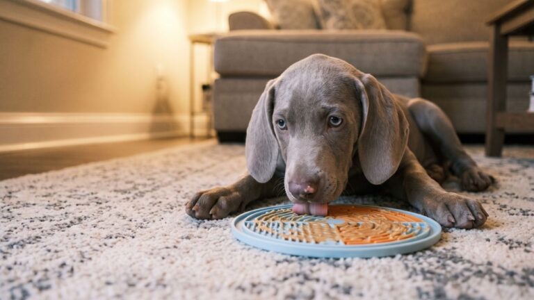 A silver-gray Weimaraner puppy lying calmly on a living room rug in the evening, licking a silicone lick mat under warm lamp light