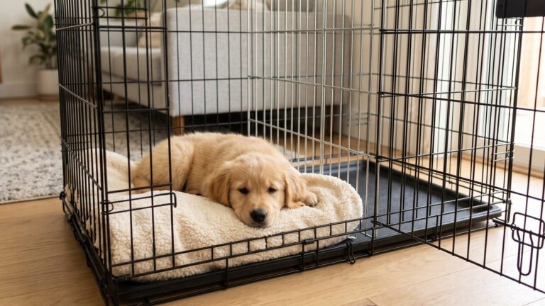 A sleepy Golden Retriever puppy lying on a cream fleece bed inside a large wire crate with a divider panel and the door open, in a bright living room