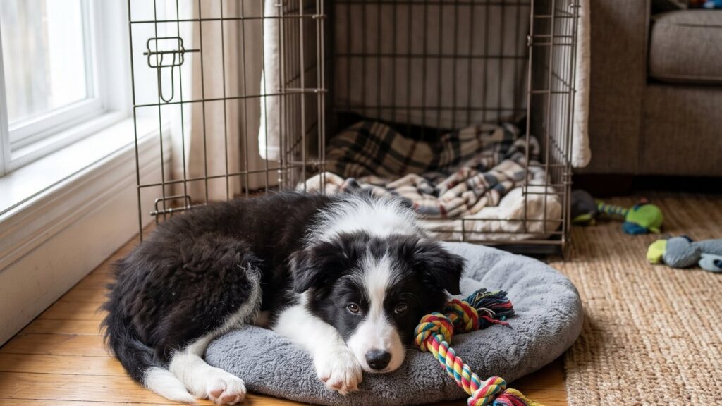 A Border Collie puppy lying on a grey dog bed in front of an open wire crate, under a timeline titled When to Stop Crate Training: Puppy Crate Training Schedule by Age