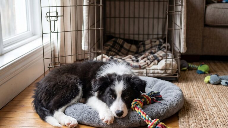 A Border Collie puppy lying on a grey dog bed in front of an open wire crate, under a timeline titled When to Stop Crate Training: Puppy Crate Training Schedule by Age