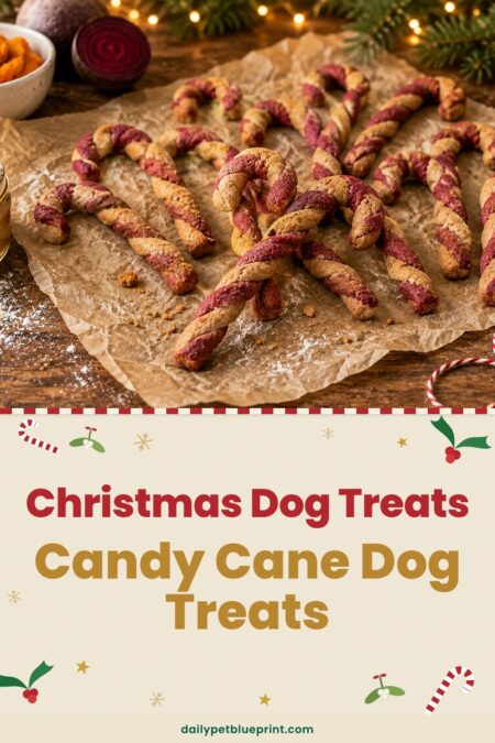 Homemade candy cane shaped dog treats twisted from beet-red and plain dough on brown parchment, beside pumpkin puree, a halved beetroot and peanut butter, with the words Christmas Dog Treats and Candy Cane Dog Treats.