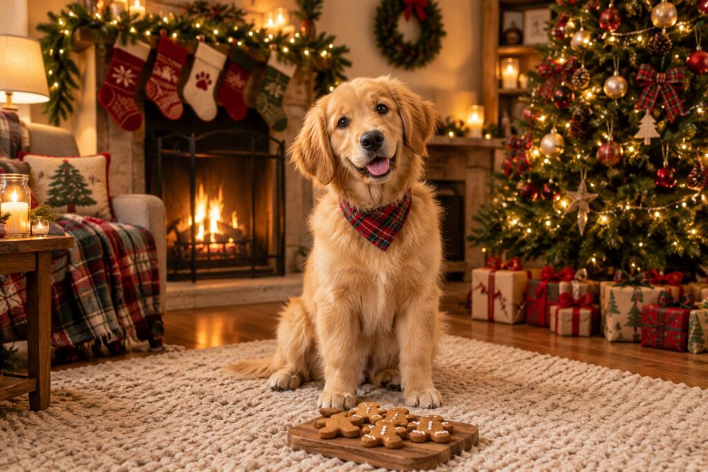 Golden retriever in a red plaid bandana sitting by a decorated Christmas tree and fireplace with stockings, looking at a board of homemade gingerbread dog cookies.