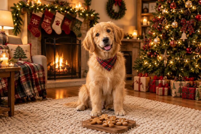 Golden retriever in a red plaid bandana sitting by a decorated Christmas tree and fireplace with stockings, looking at a board of homemade gingerbread dog cookies.
