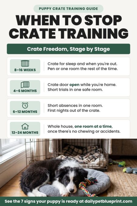 A Border Collie puppy lying on a grey dog bed in front of an open wire crate, under a timeline titled When to Stop Crate Training: Puppy Crate Training Schedule by Age