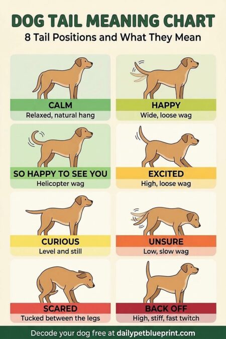 Illustrated dog tail meaning chart showing the same tan dog in eight poses: relaxed hang for calm, wide wag for happy, helicopter wag, high loose wag for excited, level tail for curious, low slow wag for unsure, tucked tail for scared, and high stiff tail for back off