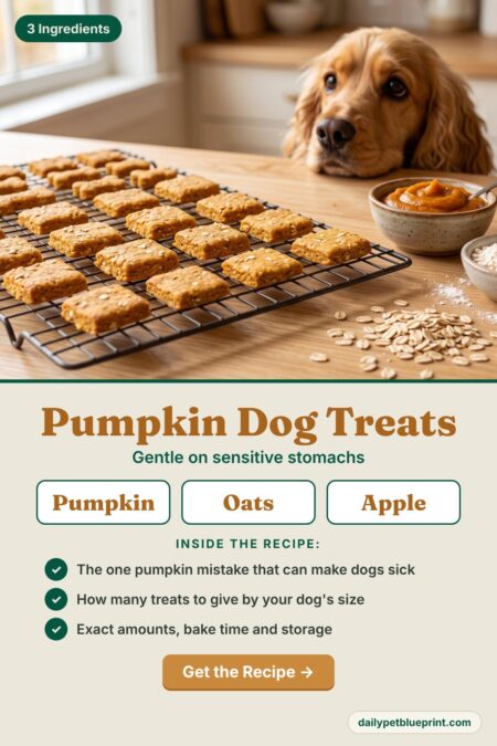 Homemade pumpkin and oat dog treats on a cooling rack with a Cocker Spaniel watching, above a recipe card showing 1 cup pure pumpkin, 2 cups rolled oats and a quarter cup of applesauce, with the words Pumpkin Dog Treats