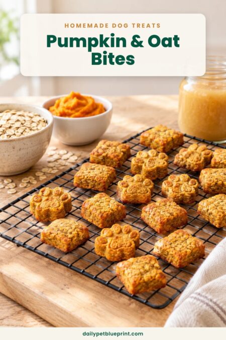 Homemade pumpkin and oat dog treat bites, some square and some paw-shaped, cooling on a wire rack beside bowls of rolled oats and pumpkin purée and a jar of applesauce, under the title Homemade Dog Treats: Pumpkin and Oat Bites
