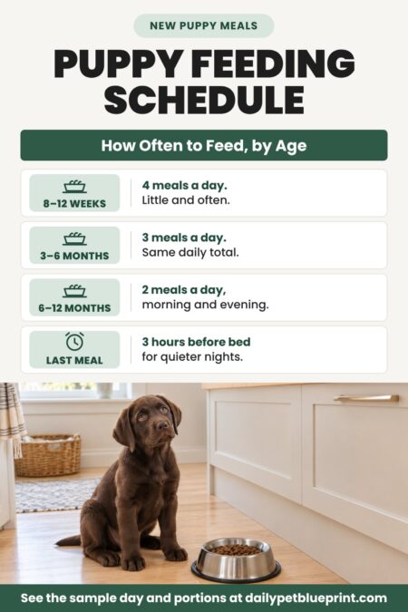 Puppy feeding schedule infographic showing meals per day by age and the last meal 3 hours before bed, with a chocolate Labrador puppy sitting beside a steel bowl of kibble in a kitchen