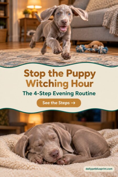 A tired young Weimaraner puppy resting peacefully with their chin on a soft blanket, featuring bold text overlay reading: Stop the Puppy Witching Hour The 4-Step Evening Routine.